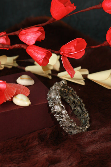 Oxidised Antique Design Brass Base Free Size Openable Royal Elephant Kada Bracelet for Women