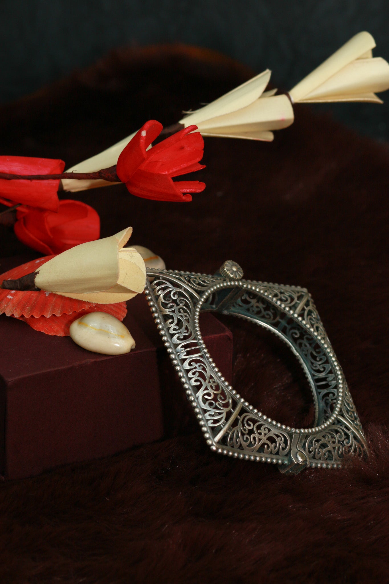 Oxidised Antique Design Brass Base Openable Square Frame With Filigree Kada Bracelet for Women