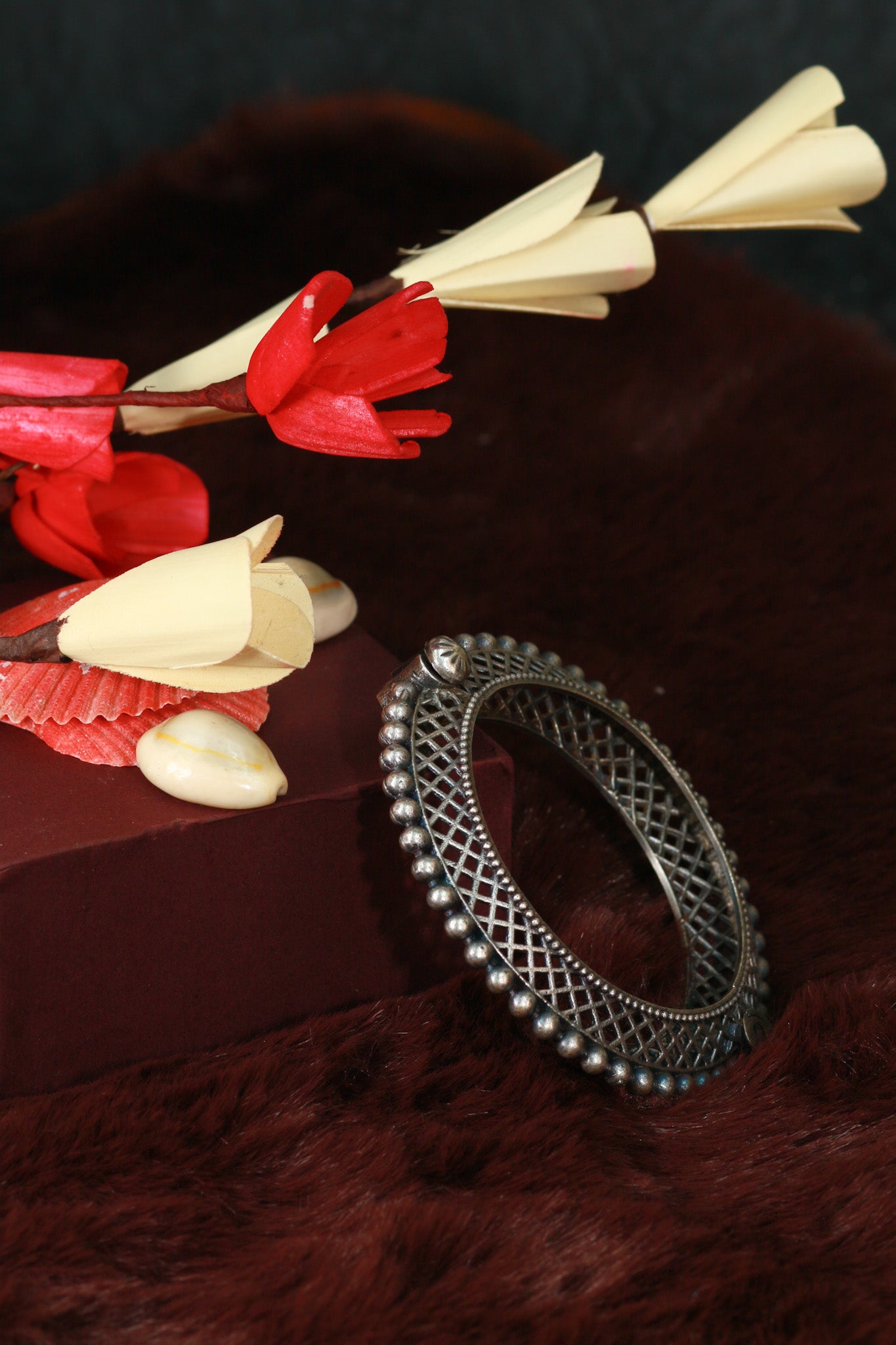 Oxidised Antique Design Brass Base Free Size Openable Lattice Beaded Edge Kada Bracelet for Women