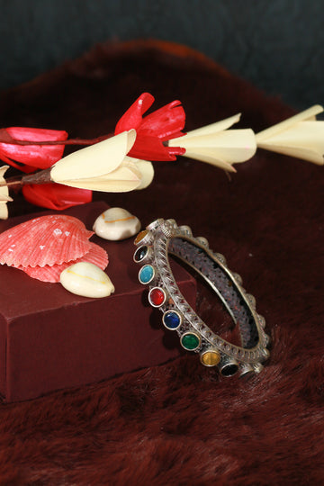 Oxidised Antique Design Brass Base Free Size Openable Multicolor Stone Kada Bracelet for Women