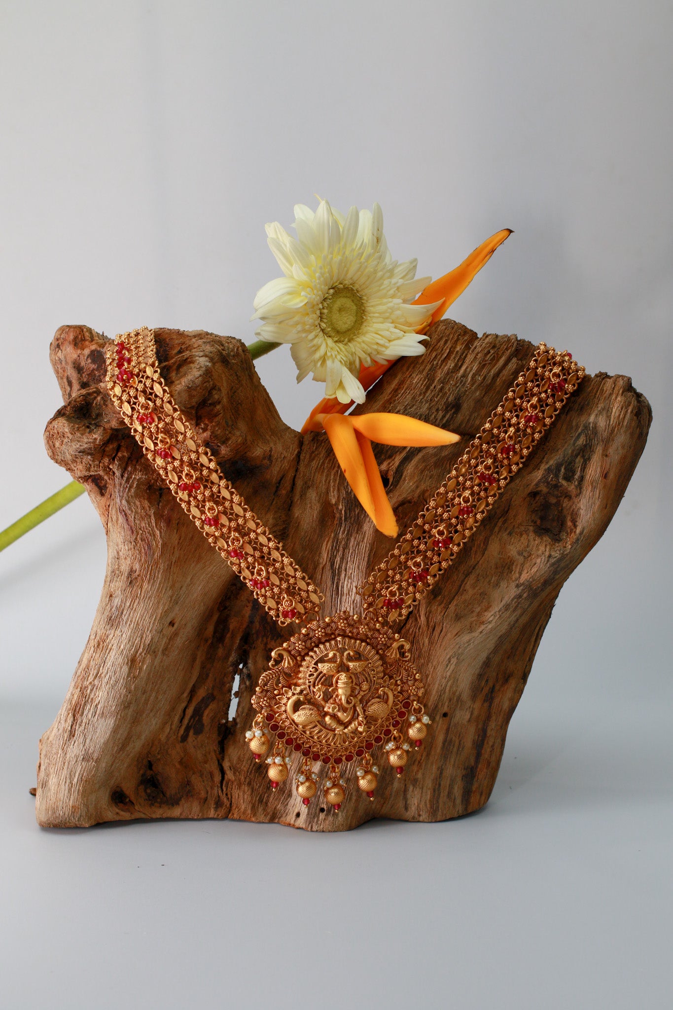 Antique Ganesha Temple Necklace with Ruby Kemp & Pearl Drops