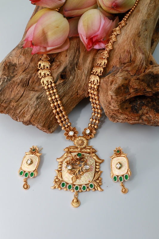 Antique Temple Pendant Haram with Meenakari & Elephant Links