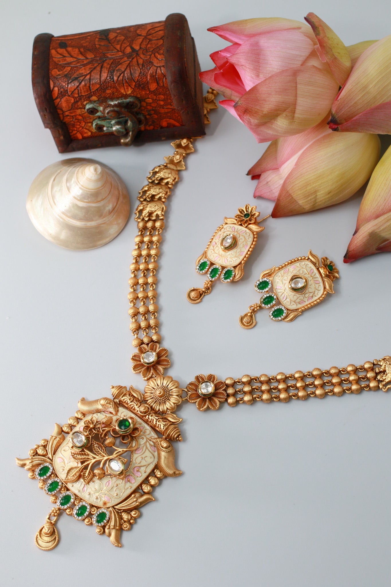 Antique Temple Pendant Haram with Meenakari & Elephant Links