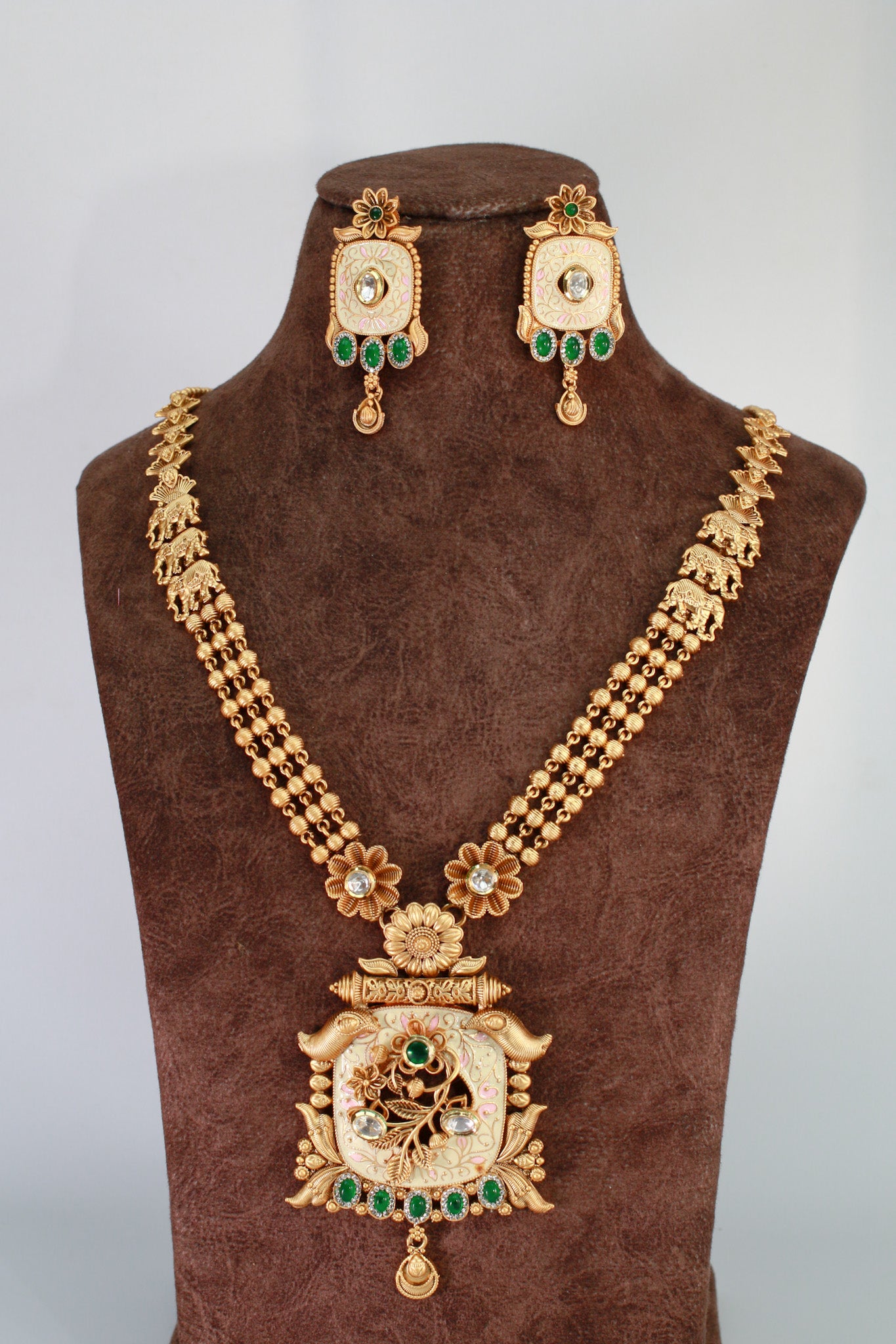 Antique Temple Pendant Haram with Meenakari & Elephant Links