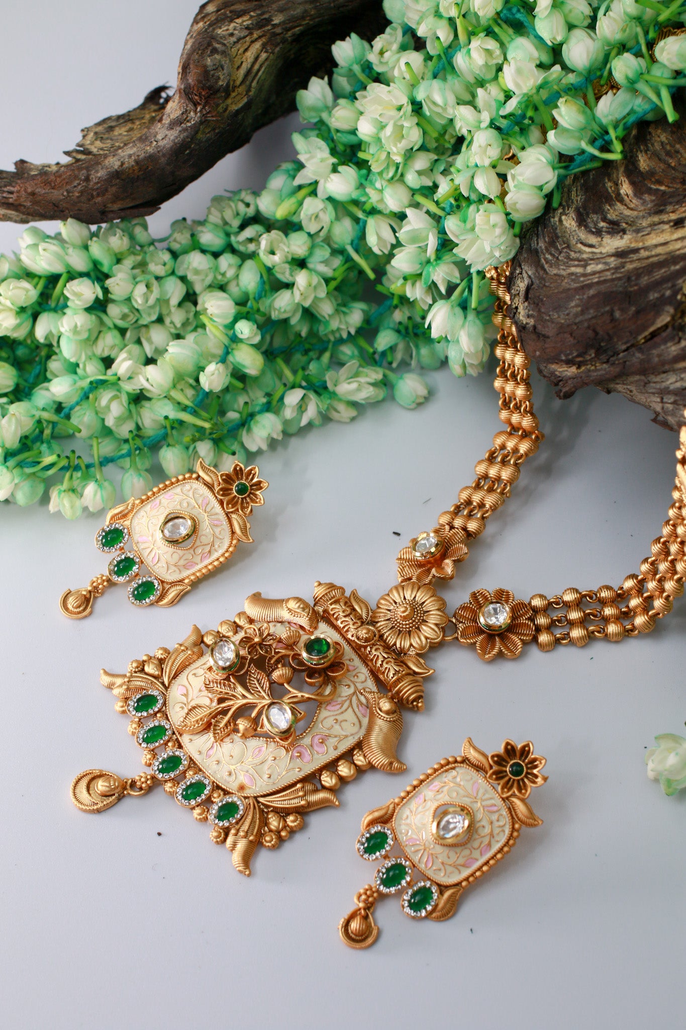 Antique Temple Pendant Haram with Meenakari & Elephant Links