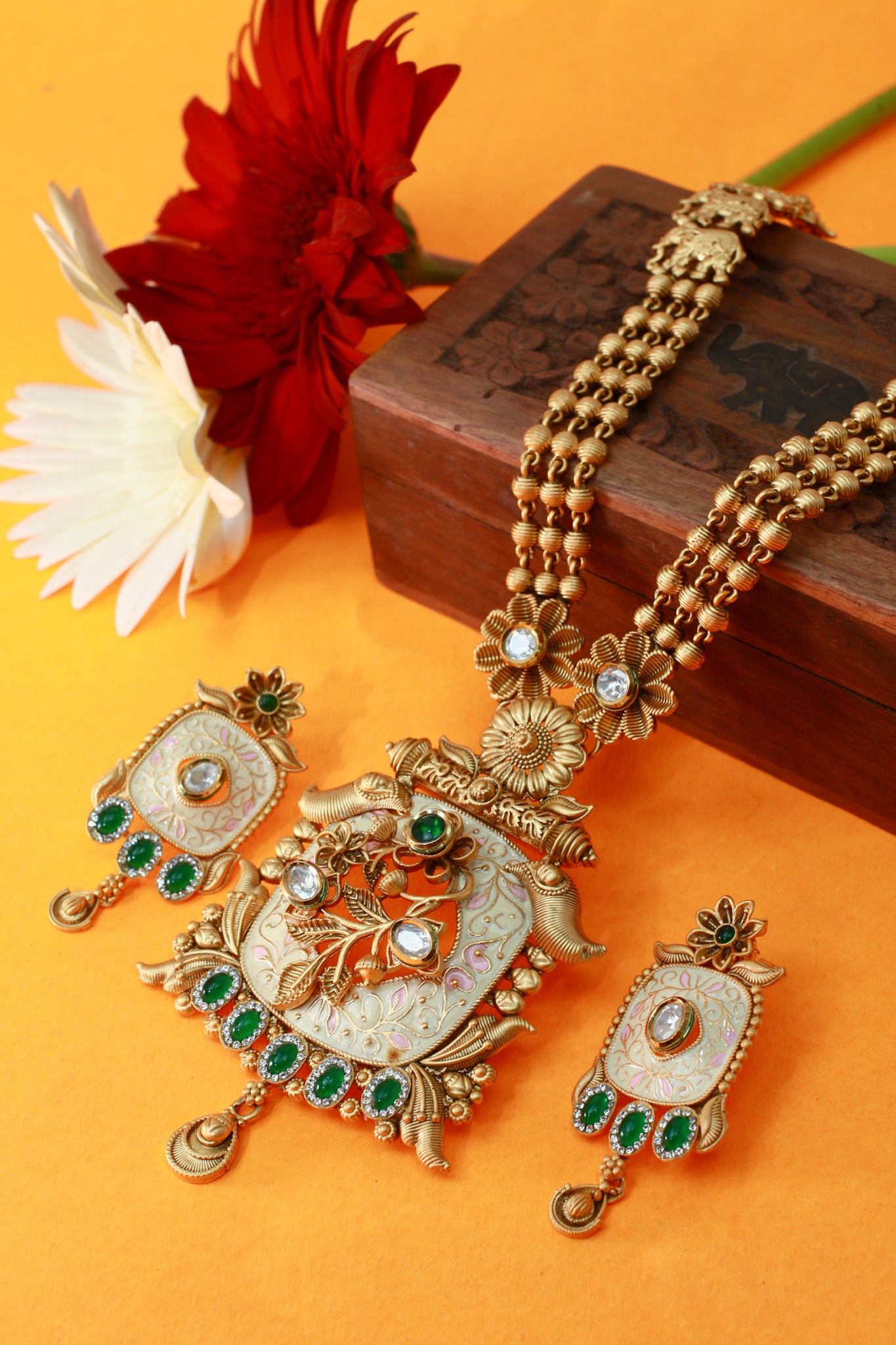 Antique Temple Pendant Haram with Meenakari & Elephant Links