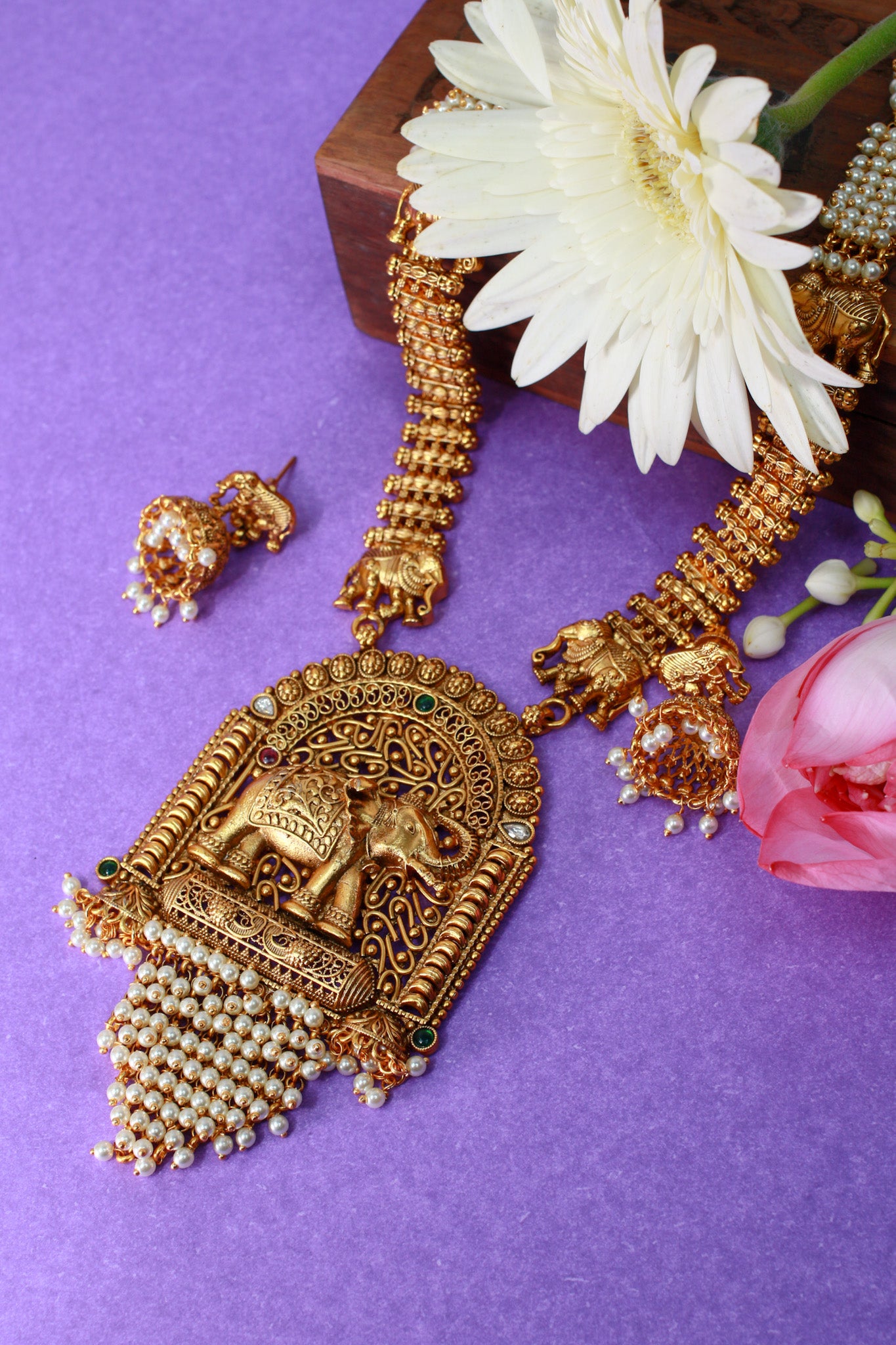 Antique Elephant Temple Pendant Haram with Pearl Tassel