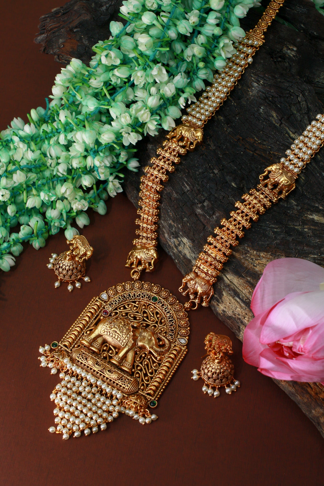 Antique Elephant Temple Pendant Haram with Pearl Tassel