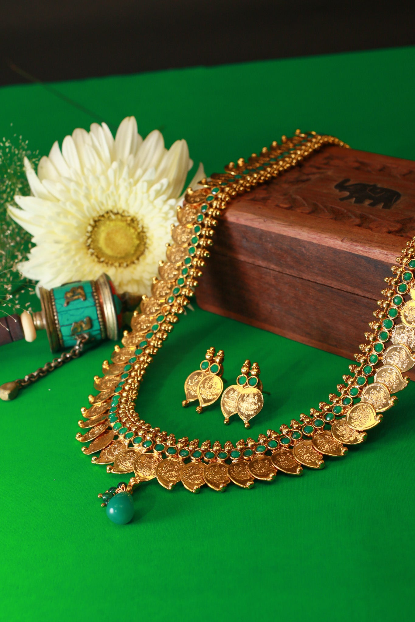 Antique Coin Haram Necklace with Green Accents