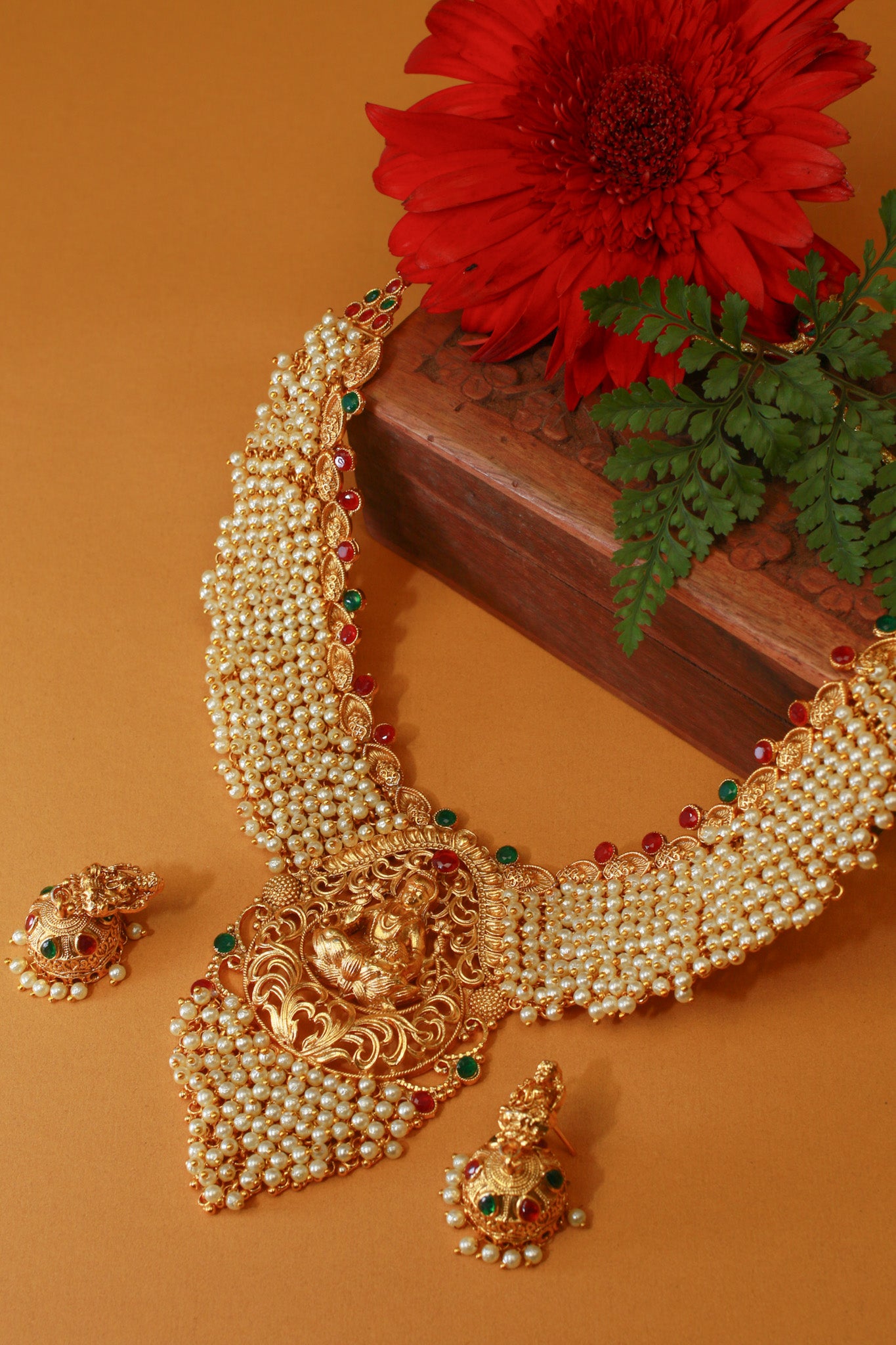 Antique Gold-Plated Lakshmi Temple Necklace Set with Pearl Layers