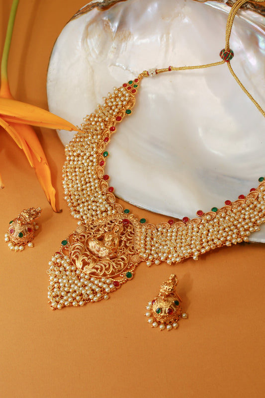 Antique Gold-Plated Lakshmi Temple Necklace Set with Pearl Layers