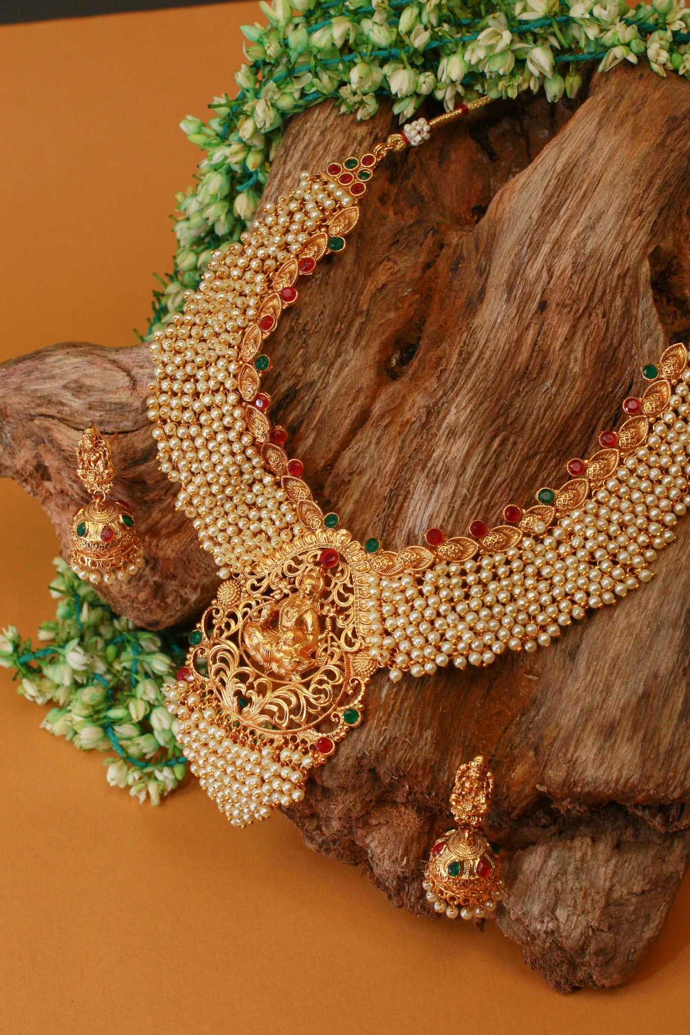 Antique Gold-Plated Lakshmi Temple Necklace Set with Pearl Layers