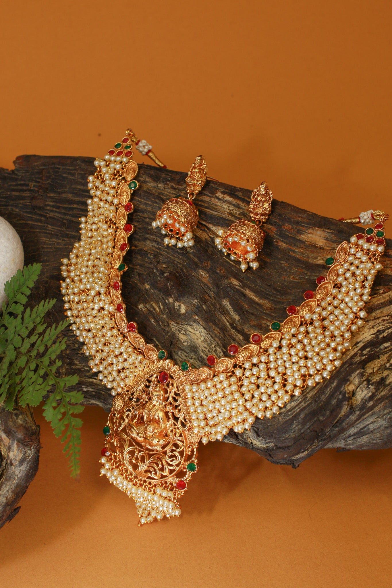 Antique Gold-Plated Lakshmi Temple Necklace Set with Pearl Layers