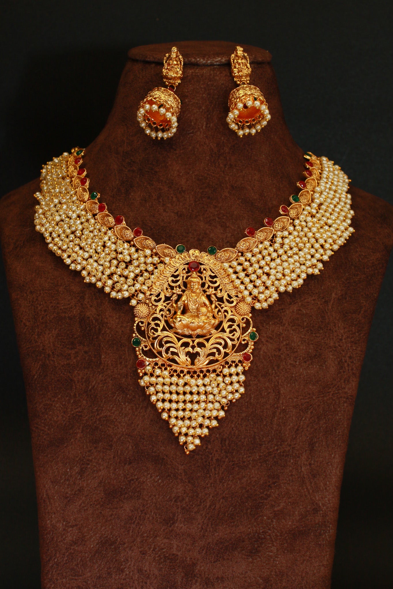 Antique Gold-Plated Lakshmi Temple Necklace Set with Pearl Layers
