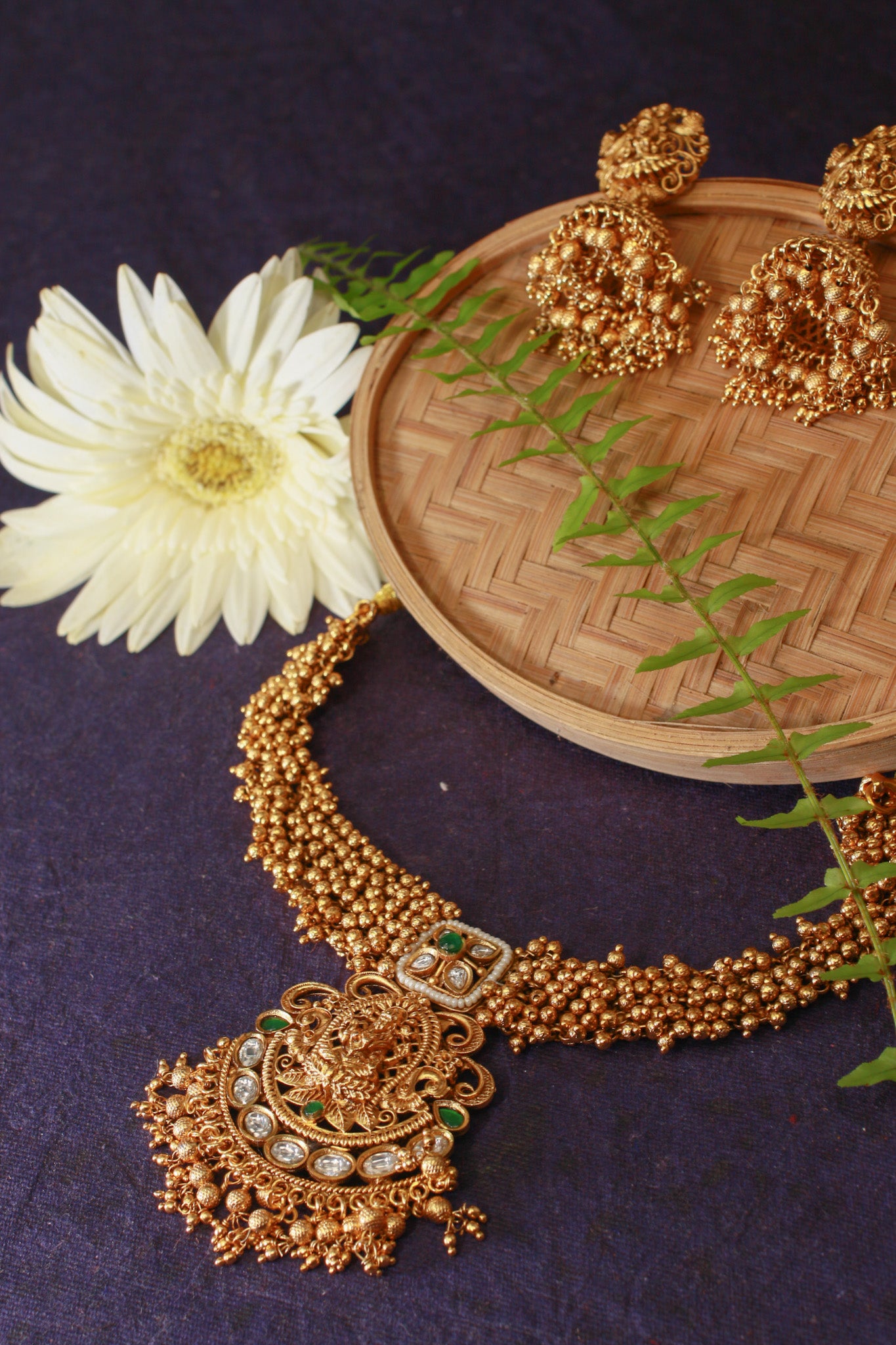 Antique Lakshmi Temple Necklace Set with Green Kundan & Jhumkas