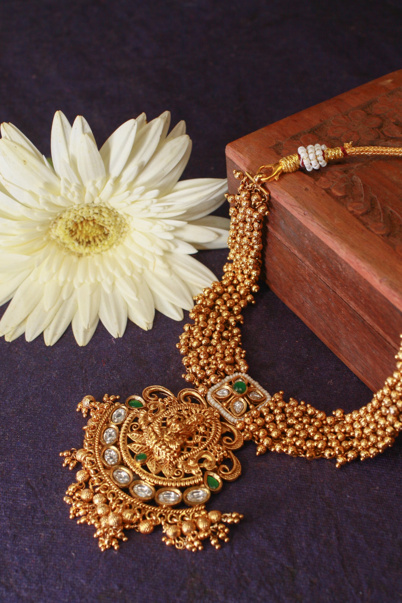 Antique Lakshmi Temple Necklace Set with Green Kundan & Jhumkas