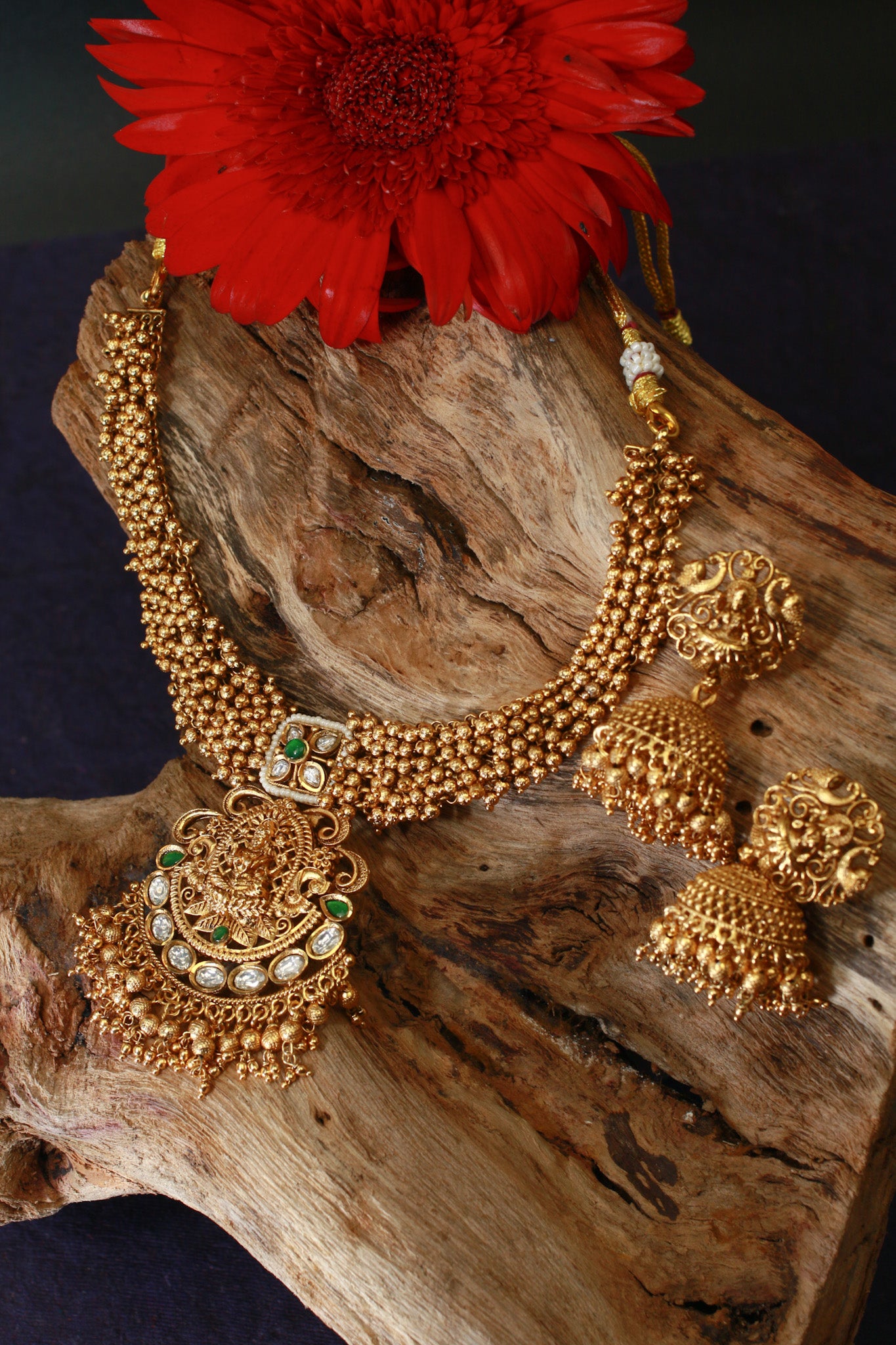 Antique Lakshmi Temple Necklace Set with Green Kundan & Jhumkas