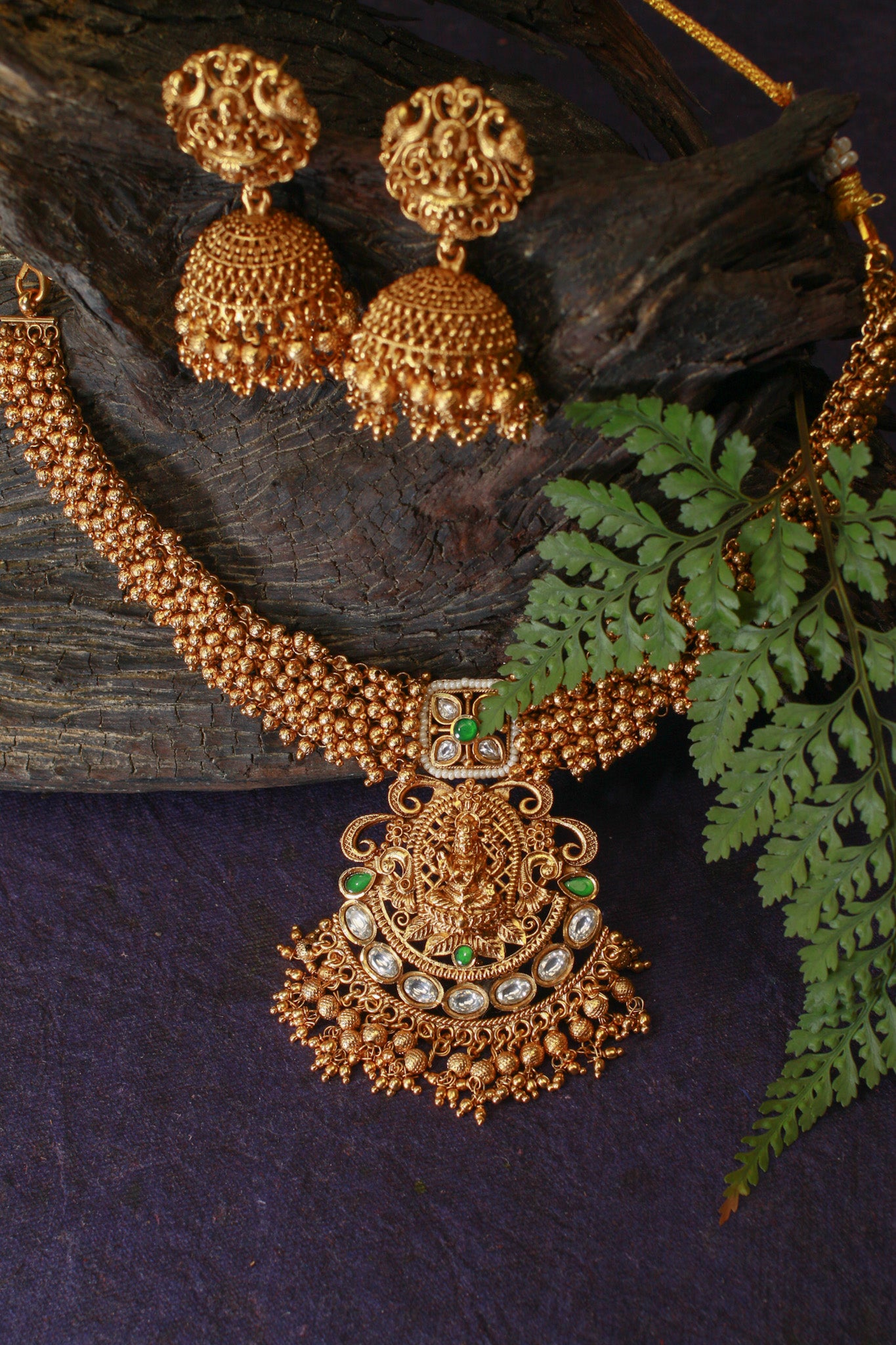 Antique Lakshmi Temple Necklace Set with Green Kundan & Jhumkas