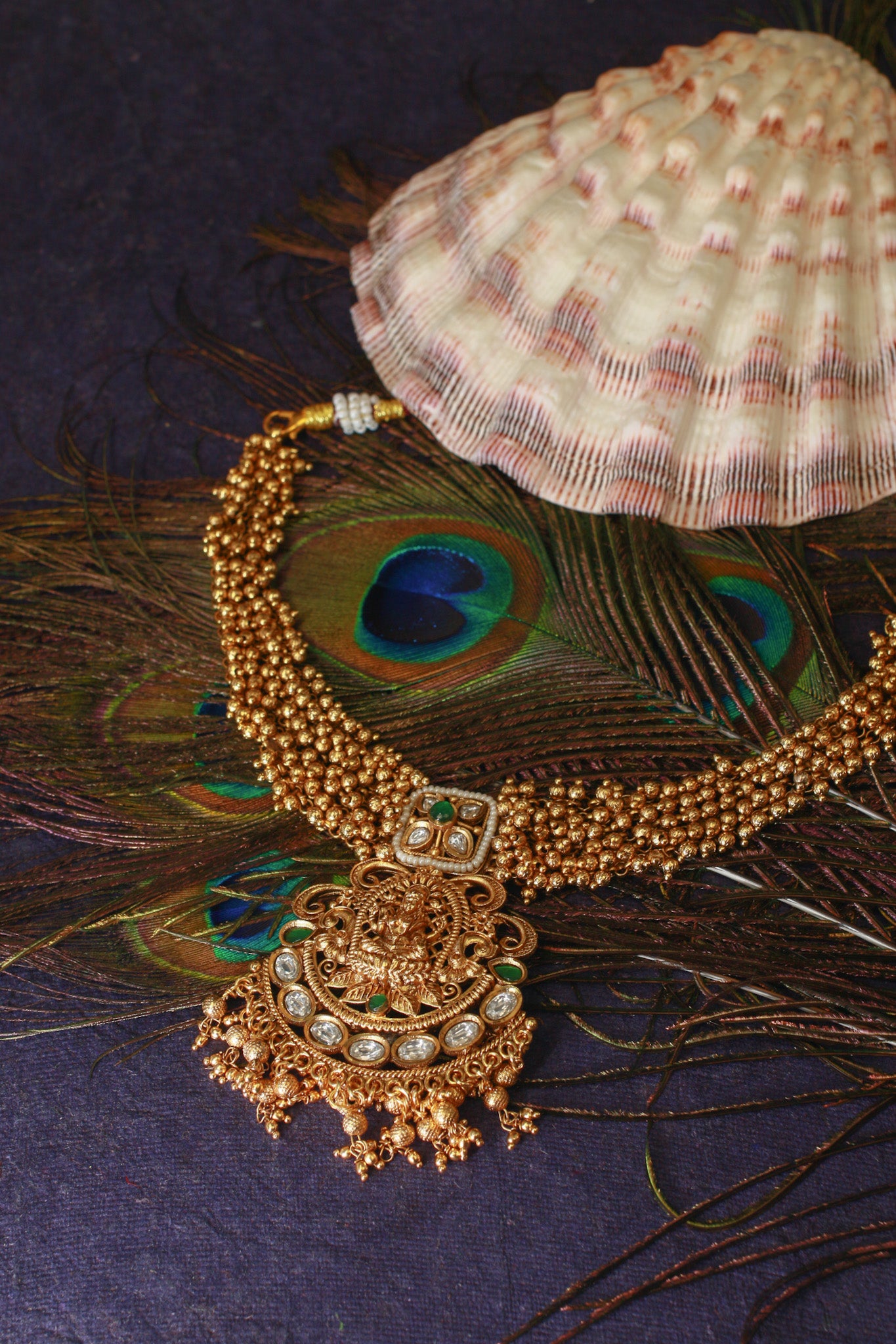 Antique Lakshmi Temple Necklace Set with Green Kundan & Jhumkas