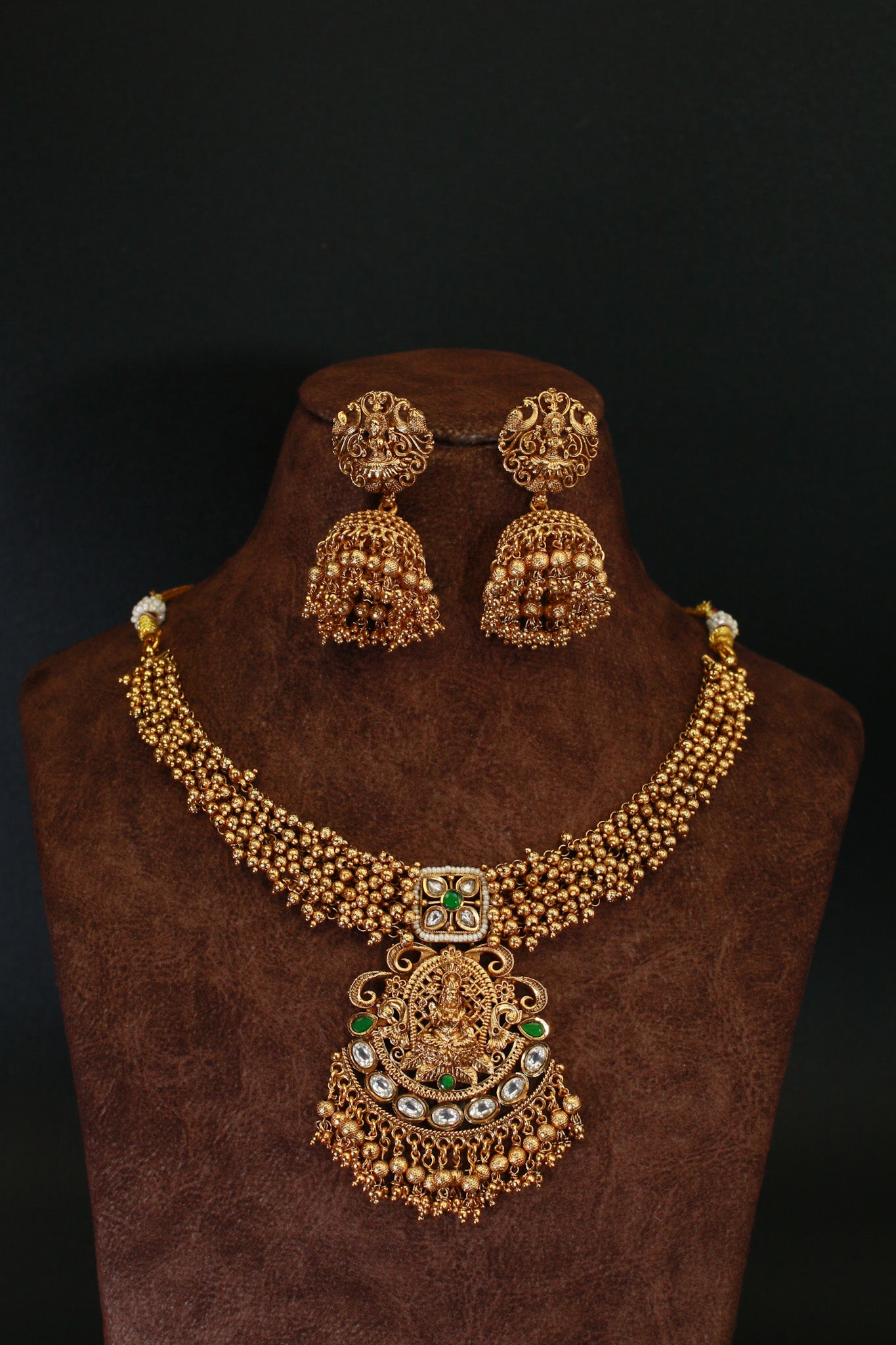 Antique Lakshmi Temple Necklace Set with Green Kundan & Jhumkas