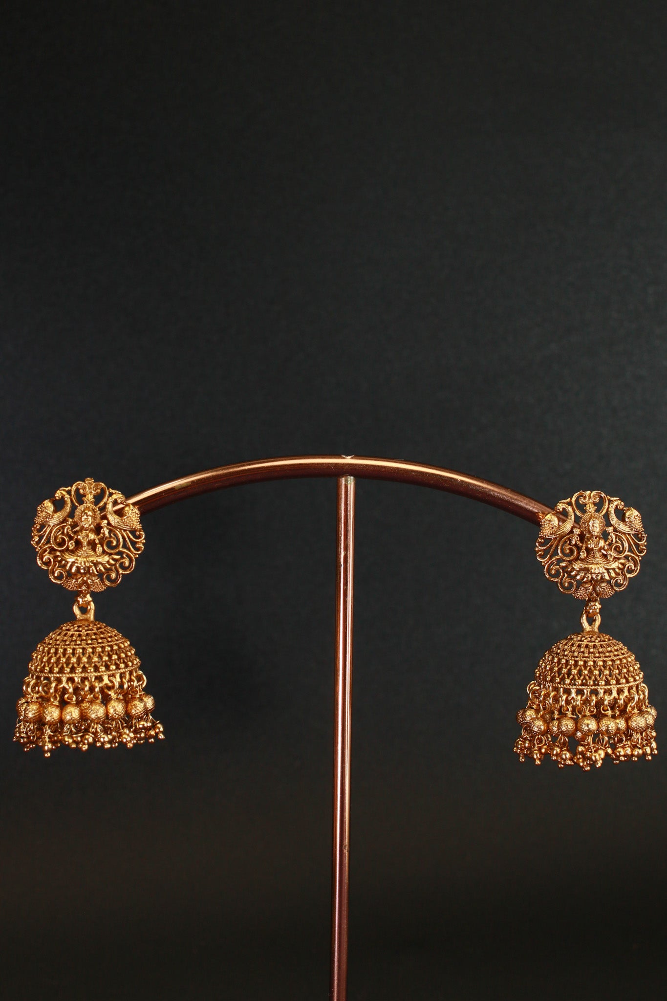 Antique Lakshmi Temple Necklace Set with Green Kundan & Jhumkas