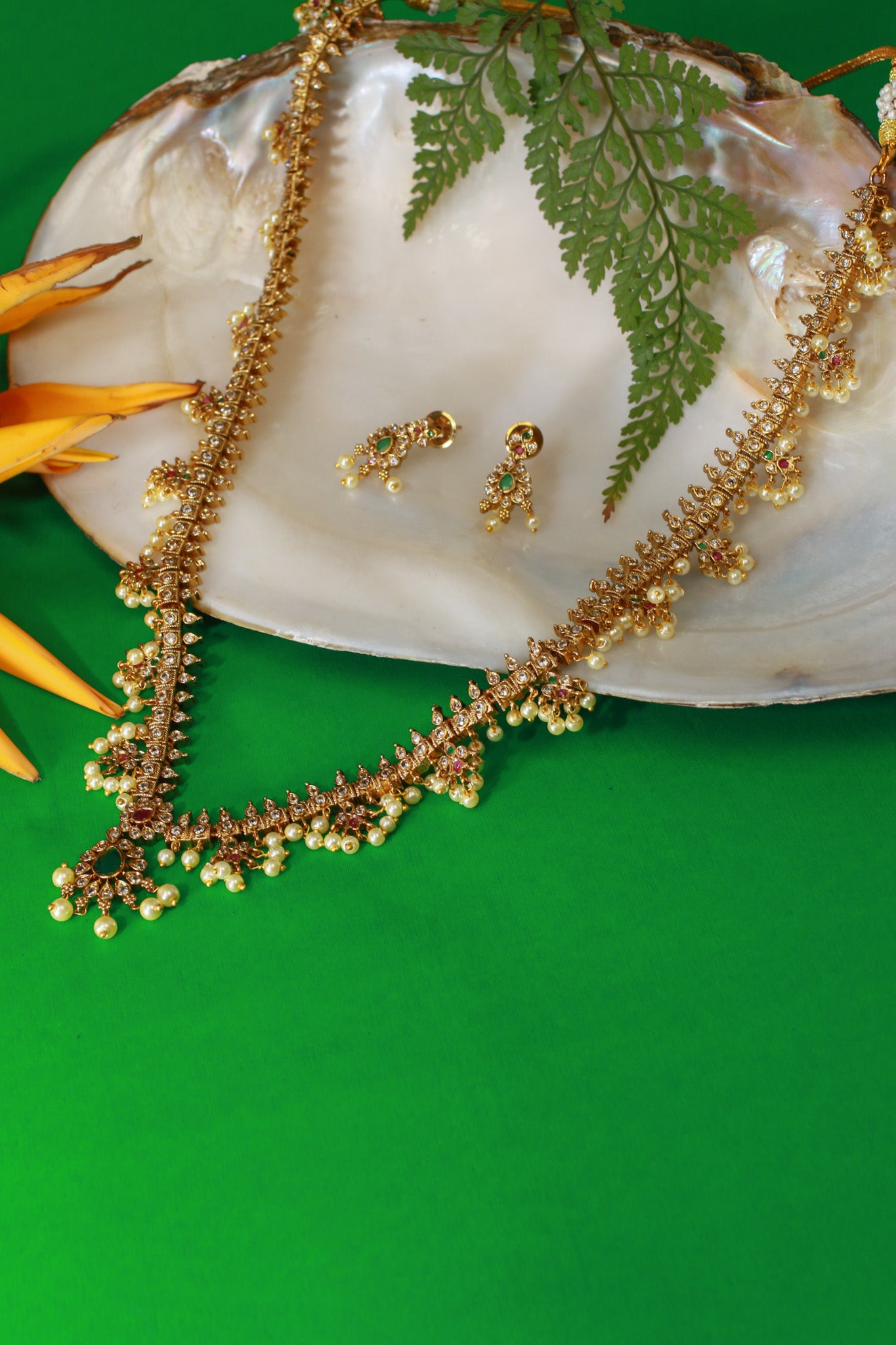 Temple Necklace Set with Pearl Clusters & Green Kundan Drop