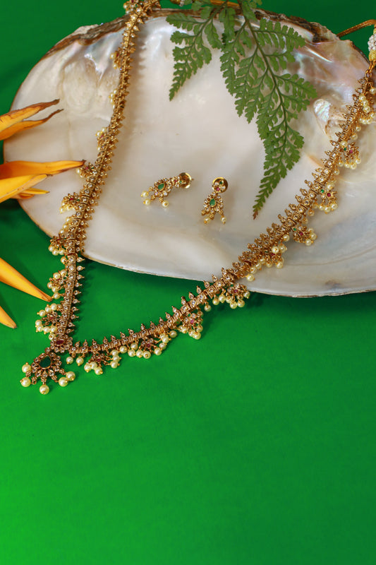 Temple Necklace Set with Pearl Clusters & Green Kundan Drop
