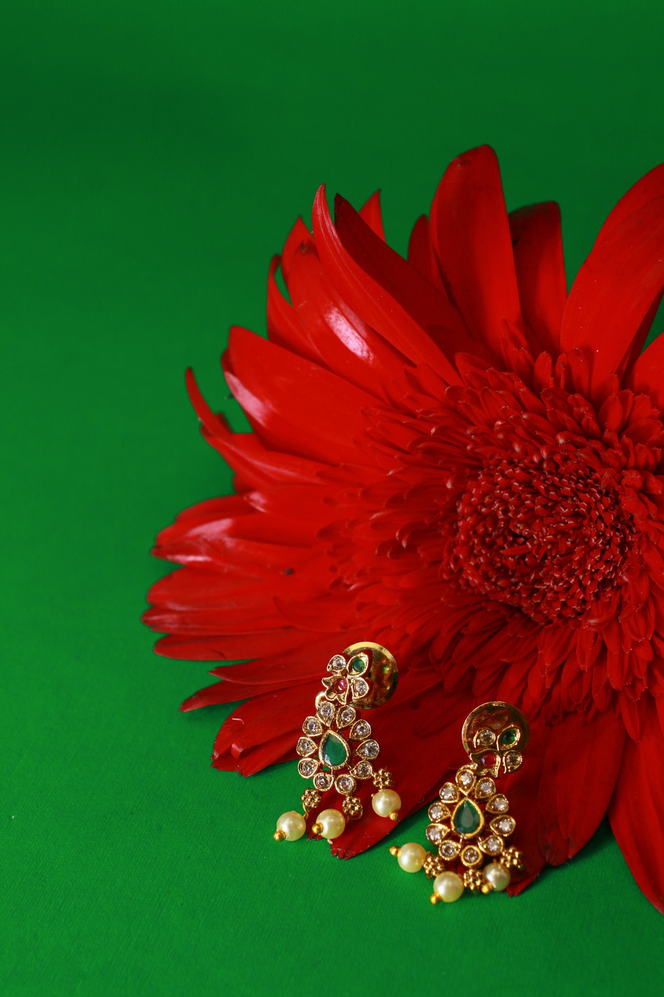 Temple Necklace Set with Pearl Clusters & Green Kundan Drop