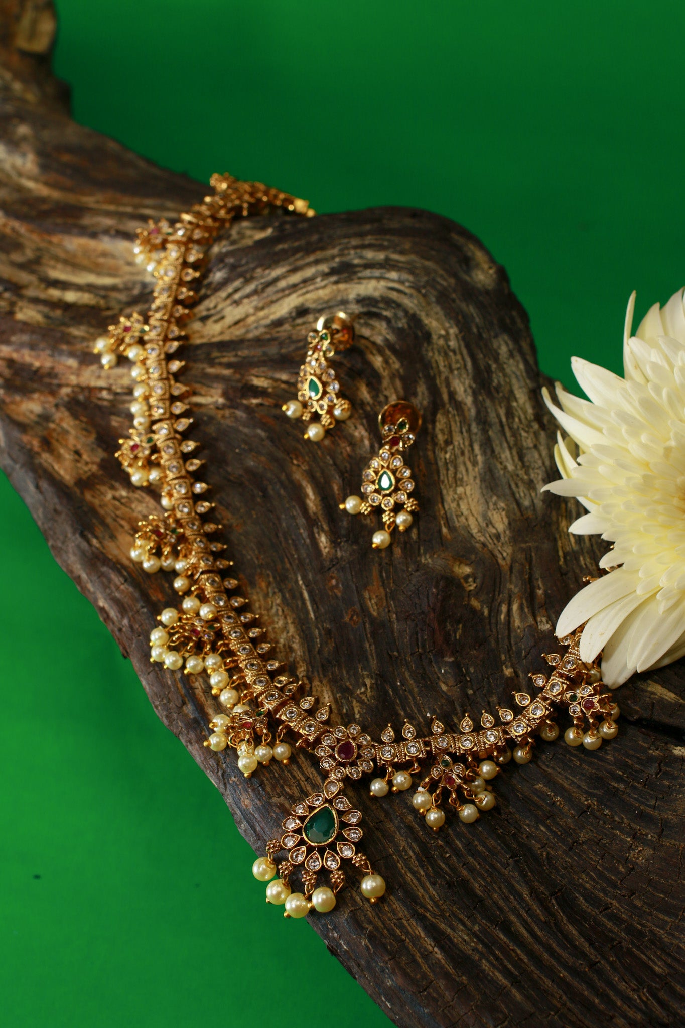 Temple Necklace Set with Pearl Clusters & Green Kundan Drop