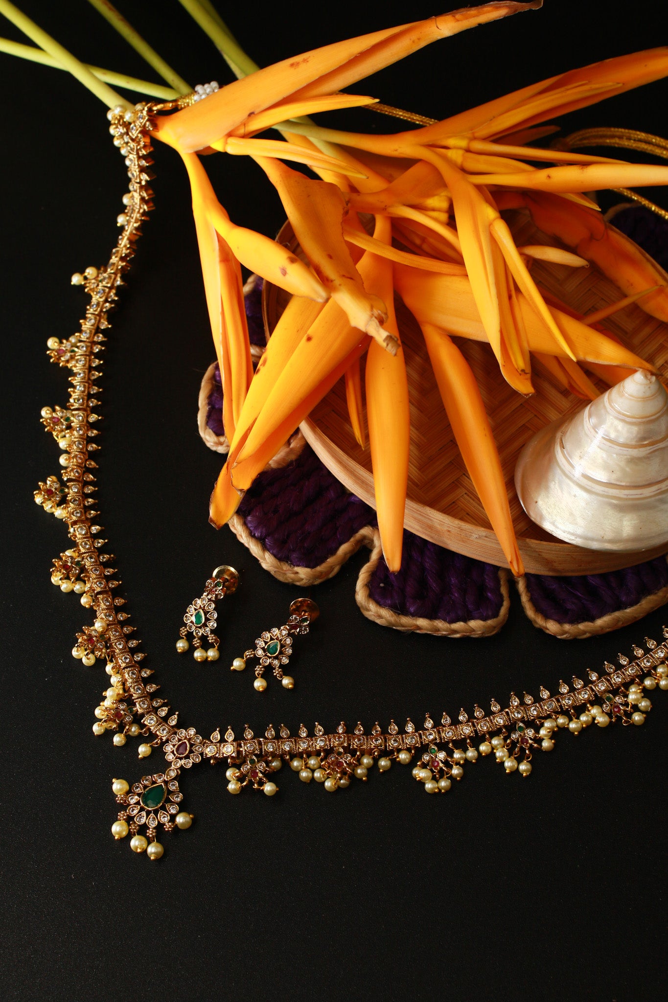 Temple Necklace Set with Pearl Clusters & Green Kundan Drop