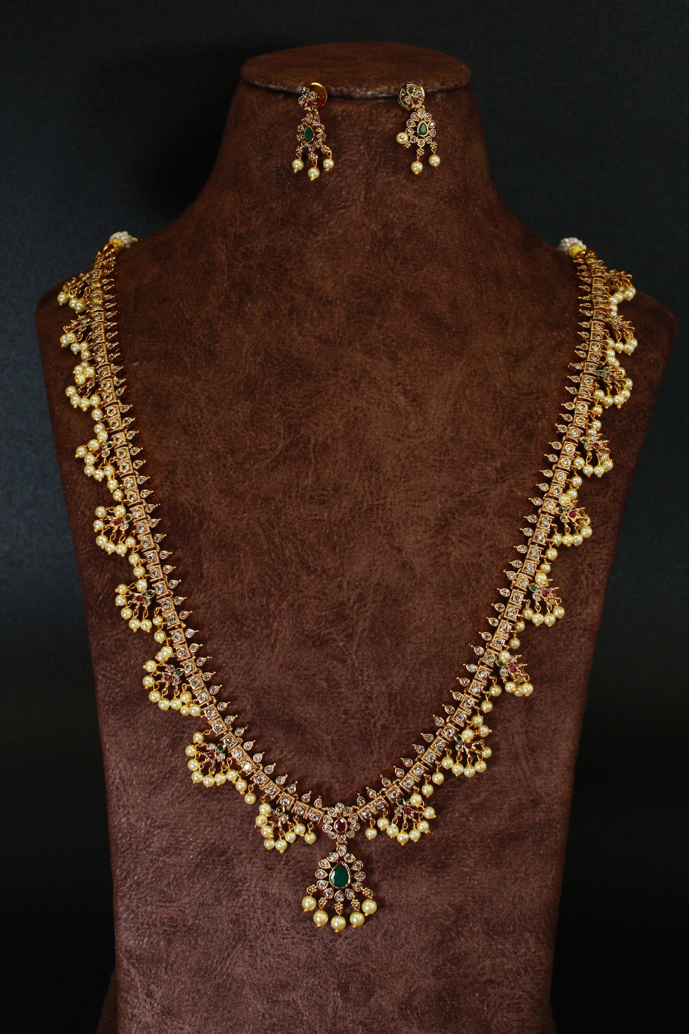 Temple Necklace Set with Pearl Clusters & Green Kundan Drop