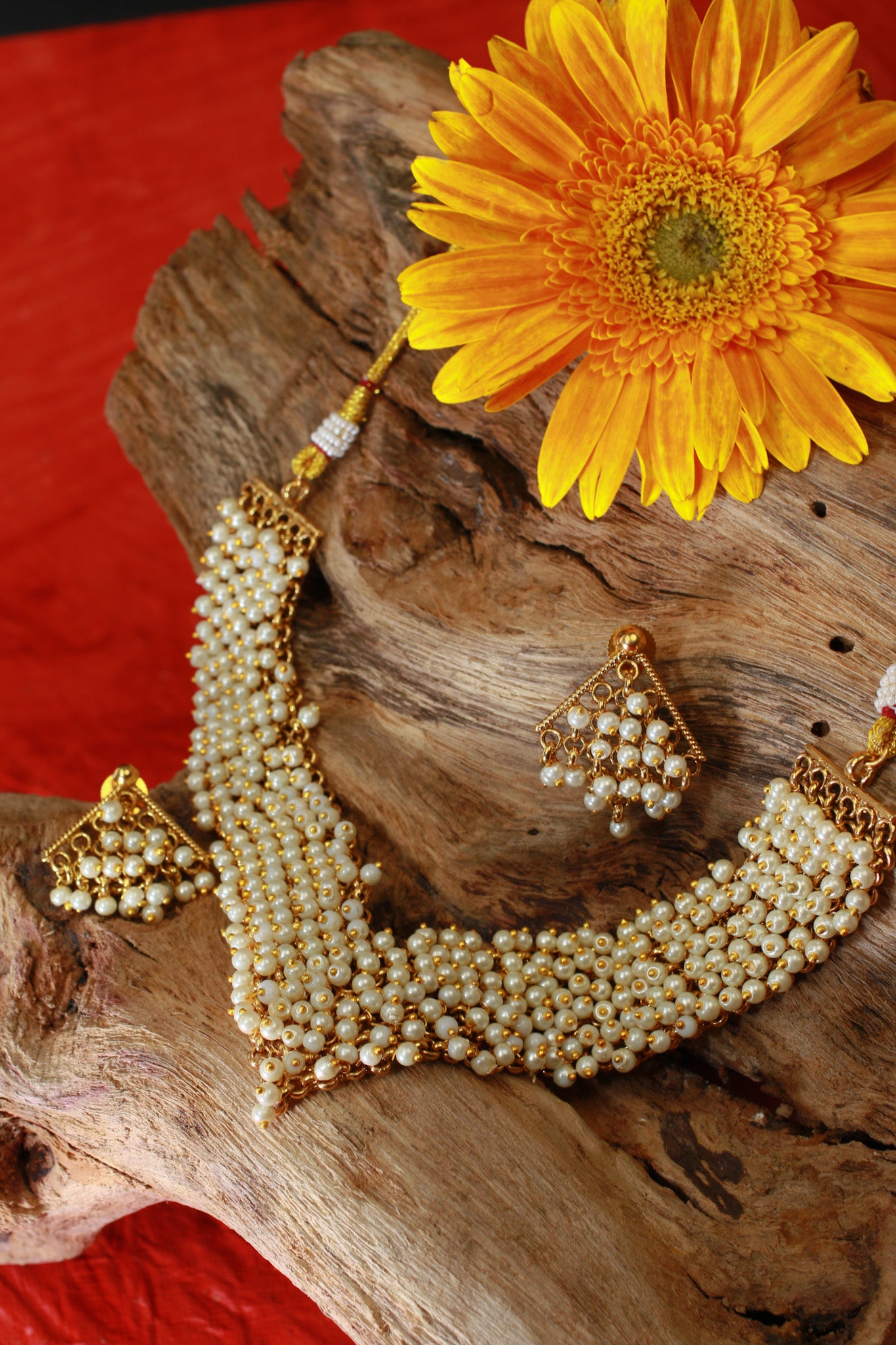 Classic Pearl Cluster Necklace Set with Jhumka Earrings
