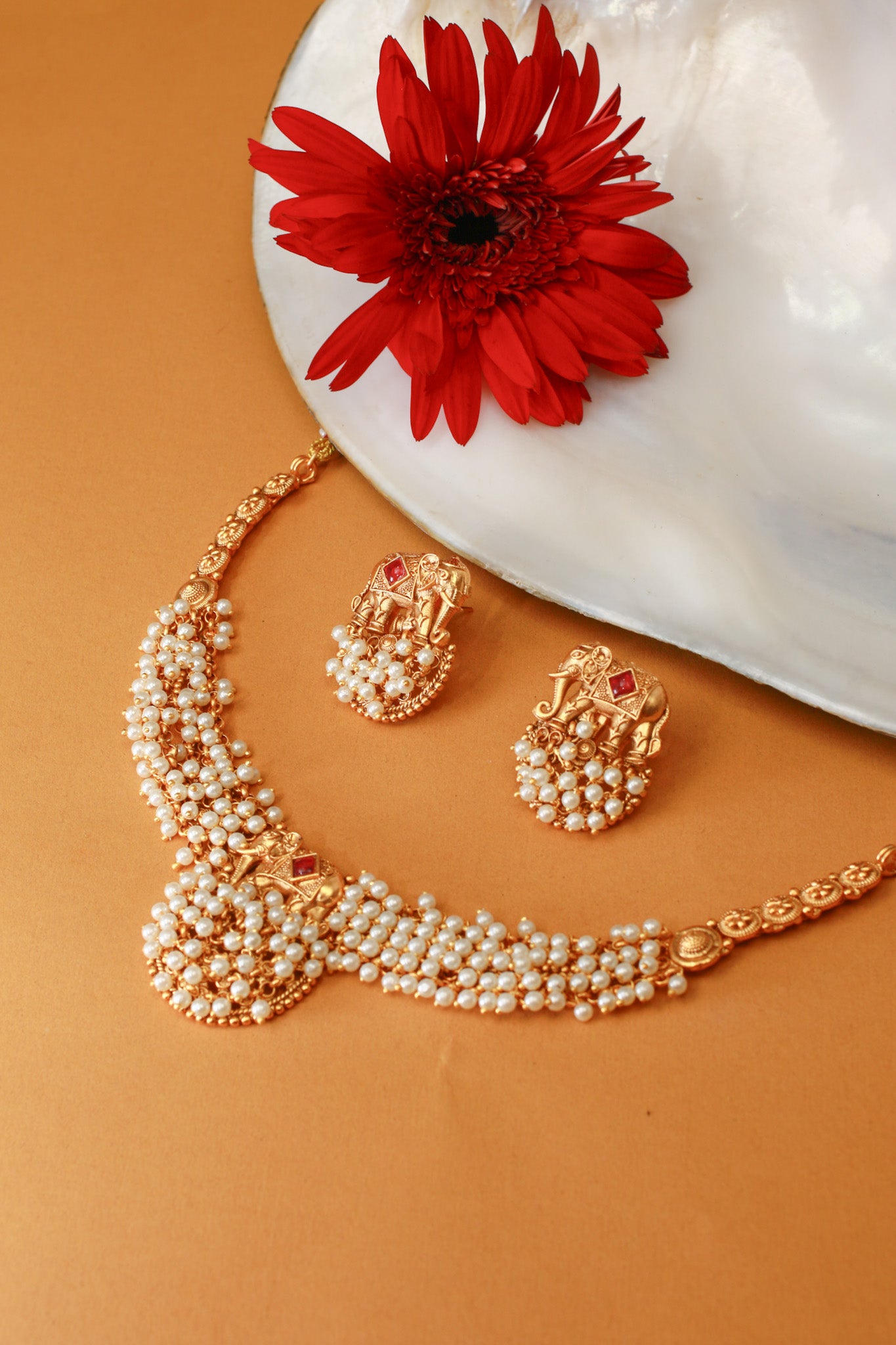 Elephant Motif Pearl Cluster Temple Necklace