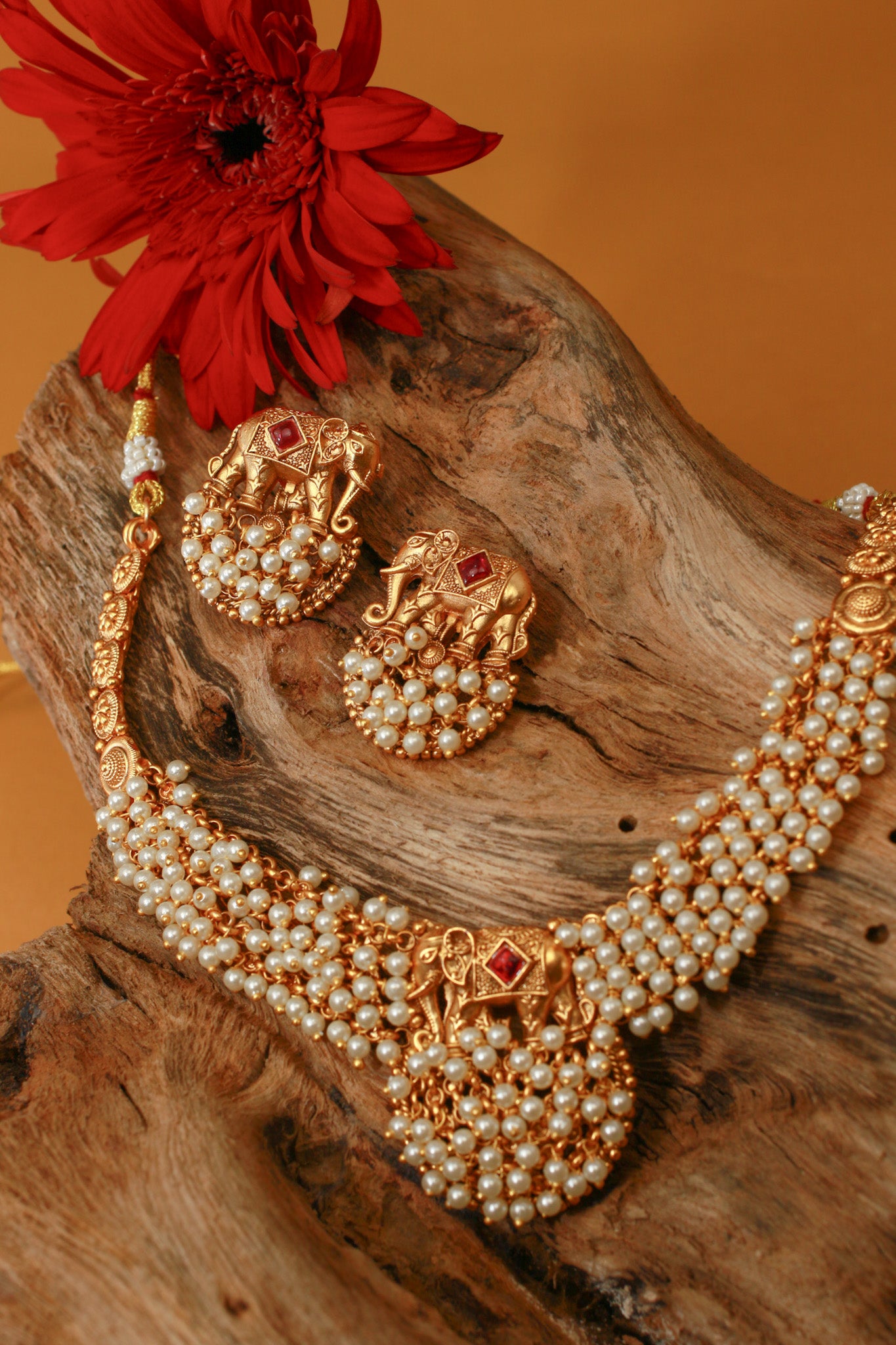 Elephant Motif Pearl Cluster Temple Necklace