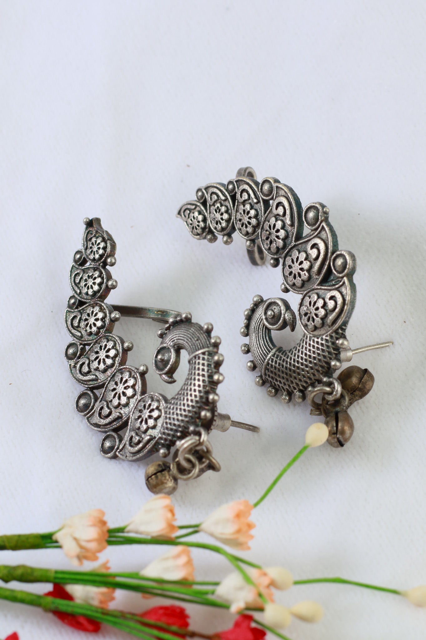 Oxidised German Silver Floral Peacock Earrings