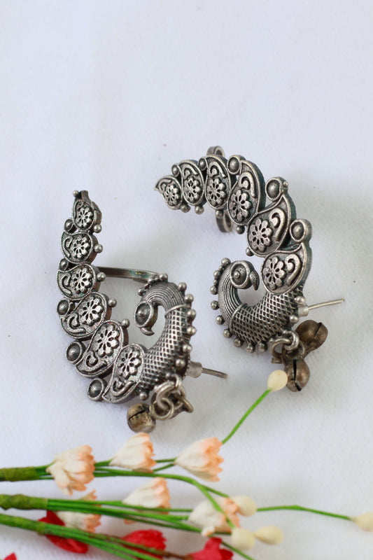 Oxidised German Silver Floral Peacock Earrings