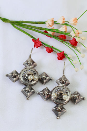 Oxidised German Silver Geometric Cross Drop Earrings with Pearls