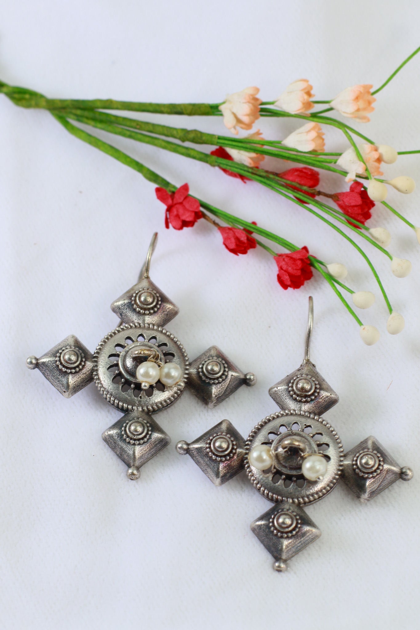 Oxidised German Silver Geometric Cross Drop Earrings with Pearls