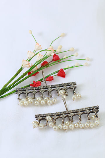 Oxidised Horizontal Pearl Bar German Silver Earrings