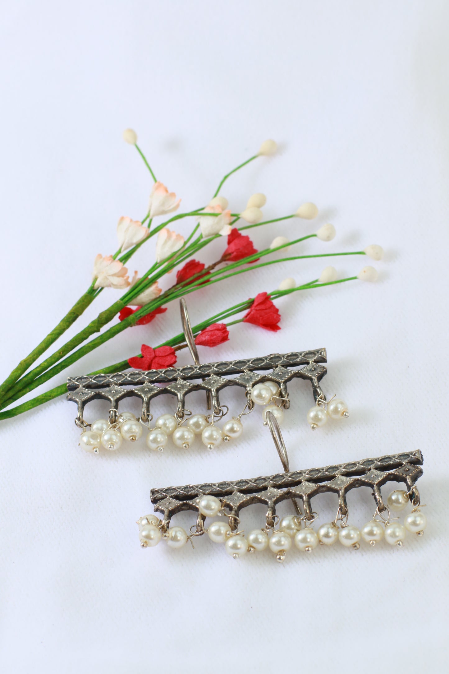 Oxidised Horizontal Pearl Bar German Silver Earrings