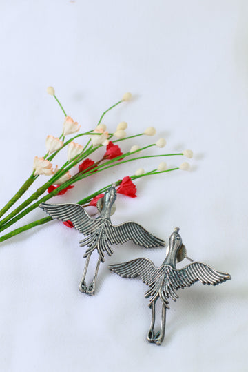 Oxidised Bird Design German Silver Long Drop Earrings