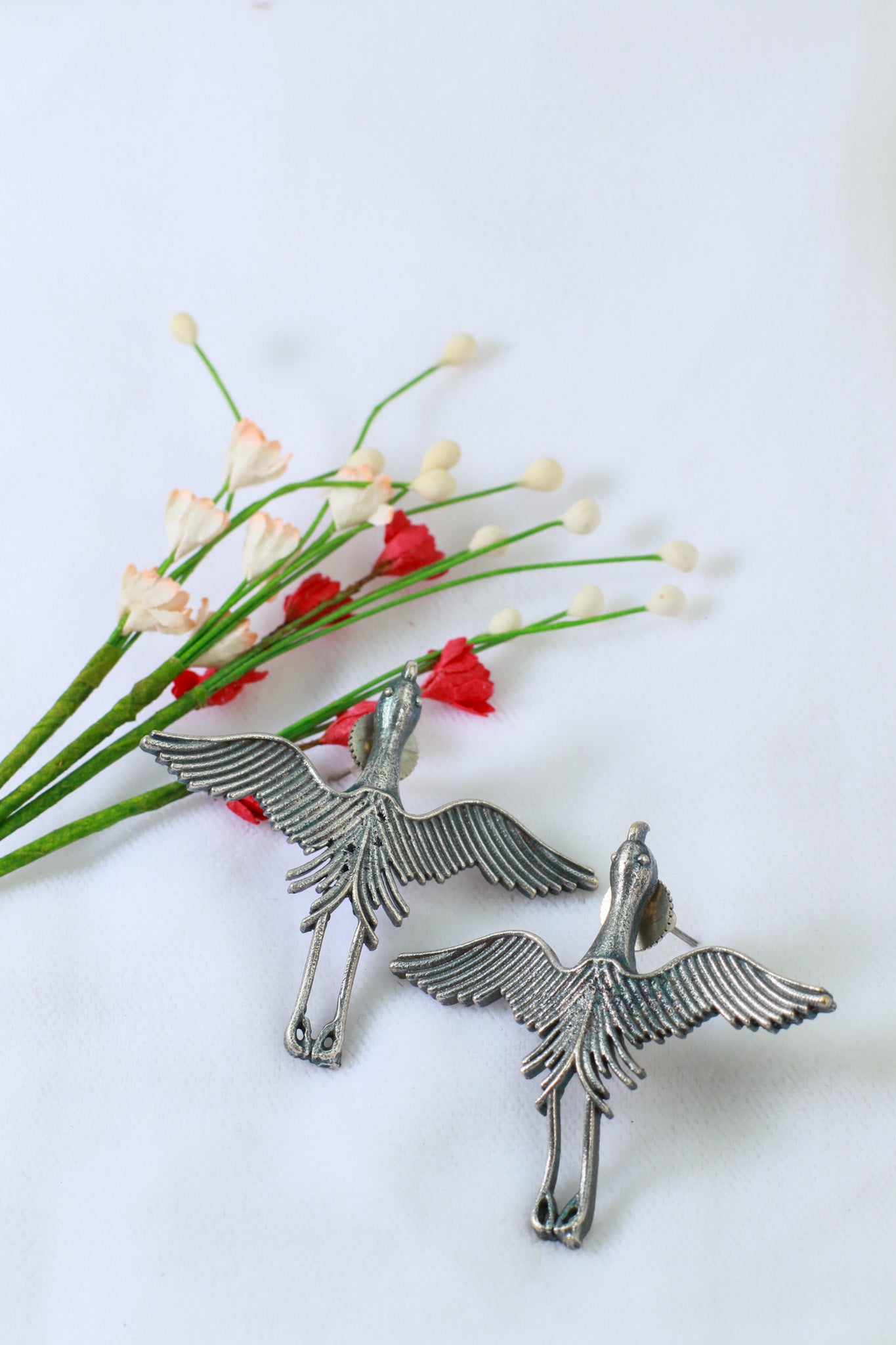 Oxidised Bird Design German Silver Long Drop Earrings