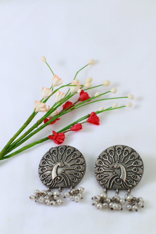 Oxidised German Silver Peacock Design Earrings with Pearls