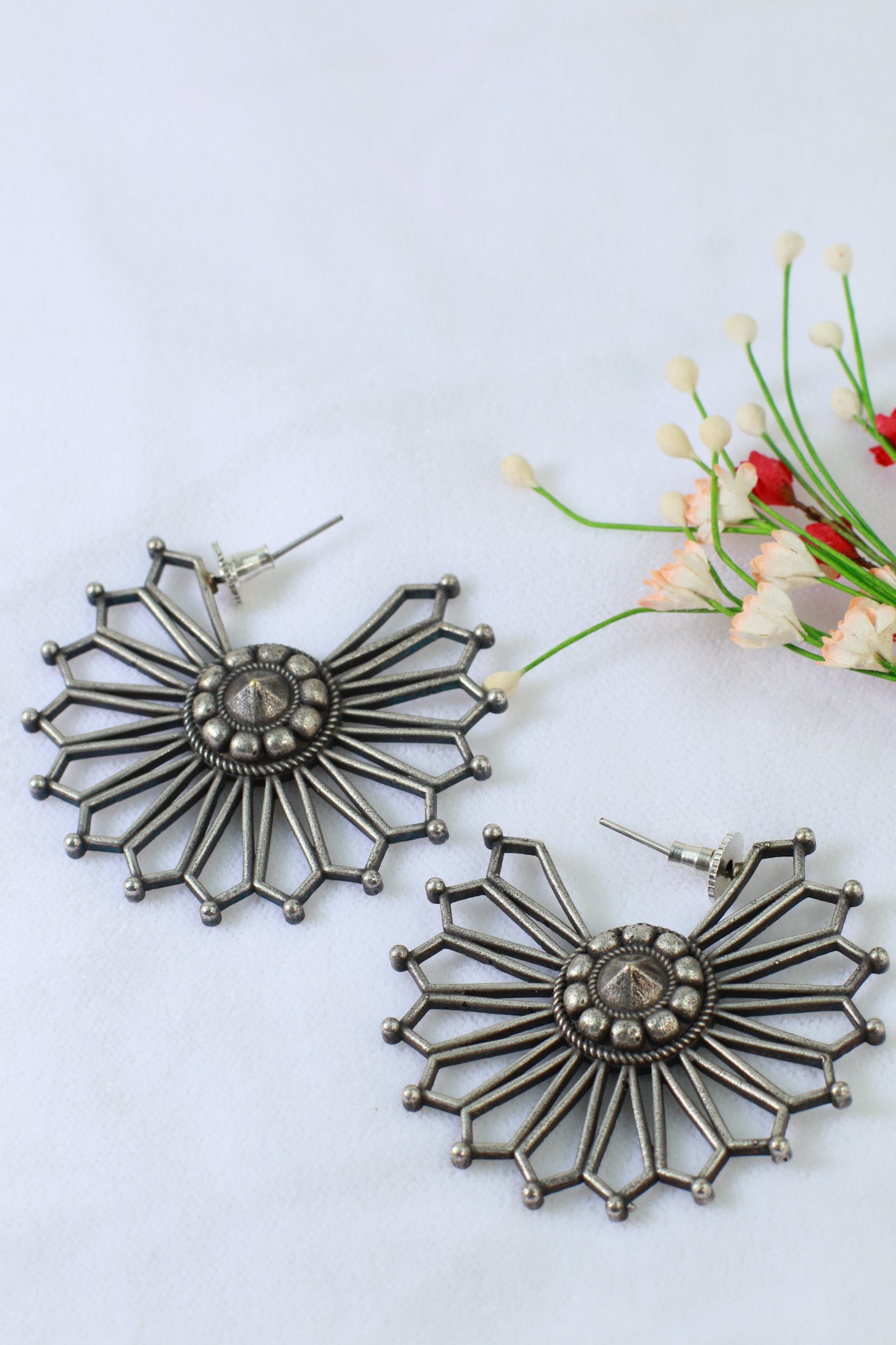 Oxidised German Silver Sunburst Statement Earrings