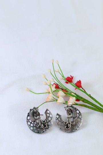 Oxidised German Silver Peacock Cutwork Hoop Earrings – Tribal Dangler