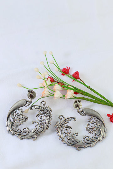 Oxidised German Silver Peacock Openwork Hoop Earrings