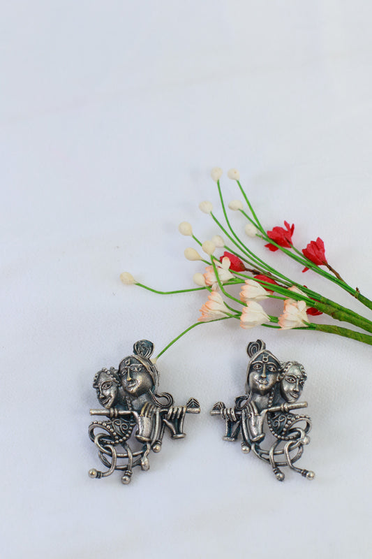 Oxidised German Silver Radha Krishna Stud Earrings