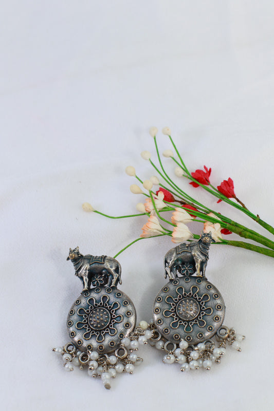 Oxidised German Silver Cow Design Earrings with Pearl Drops