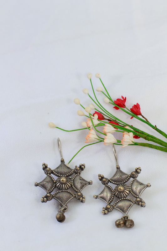 Oxidised German Silver Six-Point Tribal Drop Earrings