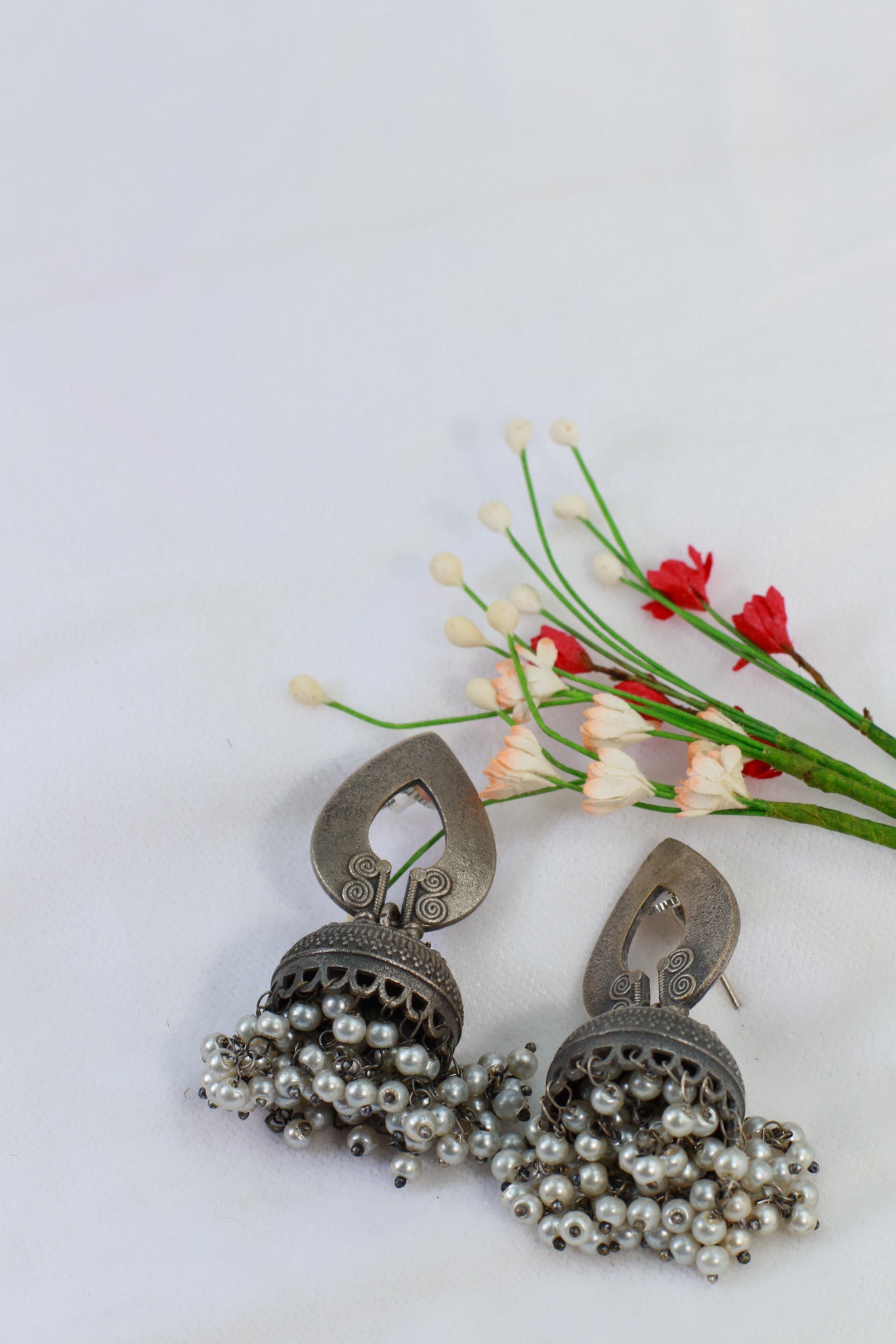 Oxidised German Silver Jhumka Earrings with Pearl Drops